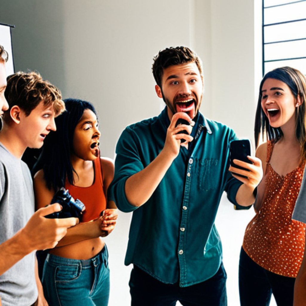 **A young filmmaker directing a short film scene:** A vibrant, chaotic film set with a diverse group of friends using a smartphone as a camera. Natural lighting, with the director enthusiastically giving instructions. The scene should convey a sense of fun and low-budget creativity.