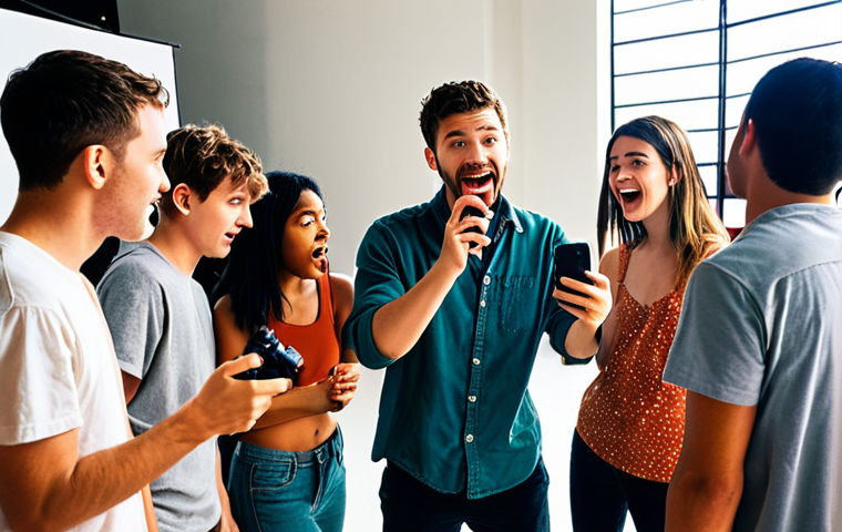 **A young filmmaker directing a short film scene:** A vibrant, chaotic film set with a diverse group of friends using a smartphone as a camera. Natural lighting, with the director enthusiastically giving instructions. The scene should convey a sense of fun and low-budget creativity.