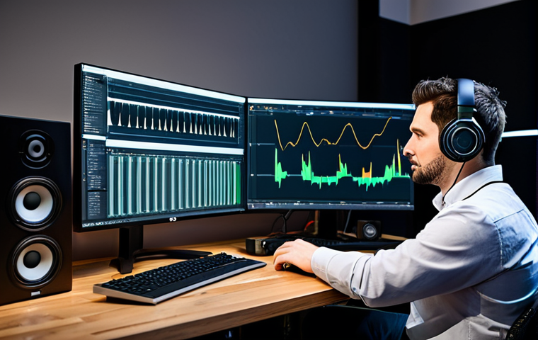 A professional content creator, fully clothed in a modest professional outfit, meticulously focusing on a multi-monitor workstation. One screen displays a video editing timeline with intricate cuts, while the other shows audio waveforms. They are wearing professional over-ear headphones, a subtle microphone is visible on the desk. The modern studio background features acoustic panels and soft, diffused lighting, emphasizing a dedicated technical environment. perfect anatomy, correct proportions, natural pose, well-formed hands, proper finger count, natural body proportions, professional photography, high quality, studio lighting, sharp focus, safe for work, appropriate content, fully clothed, professional.