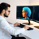 A professional digital artist, fully clothed in modern, modest attire, seated at a sleek white desk in a minimalist creative studio. The artist is looking thoughtfully at a large monitor displaying complex, vibrant AI-generated digital art that seamlessly blends realistic and abstract elements. A keyboard and mouse are neatly placed, suggesting interaction. The background features blurred shelves with art books and subtle, warm lighting. The overall scene emphasizes innovation and efficiency. Safe for work, appropriate content, perfect anatomy, correct proportions, natural pose, well-formed hands, proper finger count, professional photography, high quality.