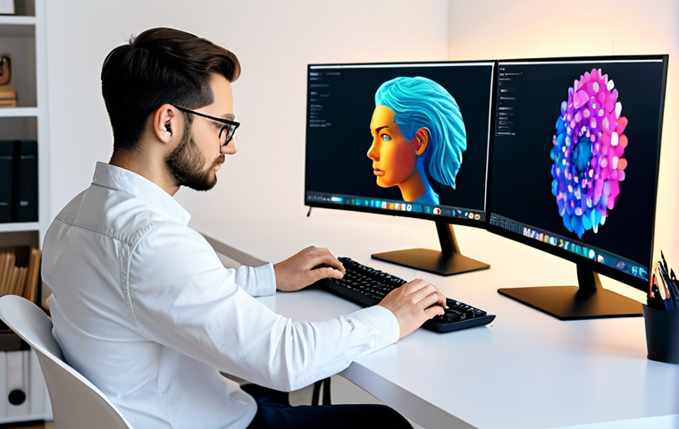 A professional digital artist, fully clothed in modern, modest attire, seated at a sleek white desk in a minimalist creative studio. The artist is looking thoughtfully at a large monitor displaying complex, vibrant AI-generated digital art that seamlessly blends realistic and abstract elements. A keyboard and mouse are neatly placed, suggesting interaction. The background features blurred shelves with art books and subtle, warm lighting. The overall scene emphasizes innovation and efficiency. Safe for work, appropriate content, perfect anatomy, correct proportions, natural pose, well-formed hands, proper finger count, professional photography, high quality.