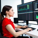 A professional female content creator, fully clothed in a modest business casual top and trousers, sitting comfortably at an ergonomic desk in a modern, well-lit digital studio. She is surrounded by three large monitors, each displaying different professional multimedia production software interfaces: one showing a video editing timeline, another a graphic design canvas, and a third a 3D modeling environment. Her hands are naturally resting on a keyboard and mouse, indicating active engagement. The scene emphasizes an integrated, high-tech creative ecosystem for seamless workflow. Perfect anatomy, correct proportions, natural pose, well-formed hands, proper finger count, natural body proportions. Professional photography, high quality, sharp focus, clean aesthetic, safe for work, appropriate content, fully clothed, professional dress.