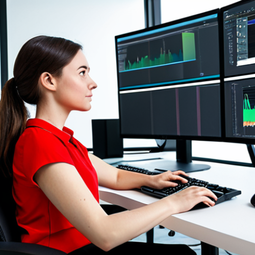 A professional female content creator, fully clothed in a modest business casual top and trousers, sitting comfortably at an ergonomic desk in a modern, well-lit digital studio. She is surrounded by three large monitors, each displaying different professional multimedia production software interfaces: one showing a video editing timeline, another a graphic design canvas, and a third a 3D modeling environment. Her hands are naturally resting on a keyboard and mouse, indicating active engagement. The scene emphasizes an integrated, high-tech creative ecosystem for seamless workflow. Perfect anatomy, correct proportions, natural pose, well-formed hands, proper finger count, natural body proportions. Professional photography, high quality, sharp focus, clean aesthetic, safe for work, appropriate content, fully clothed, professional dress.
