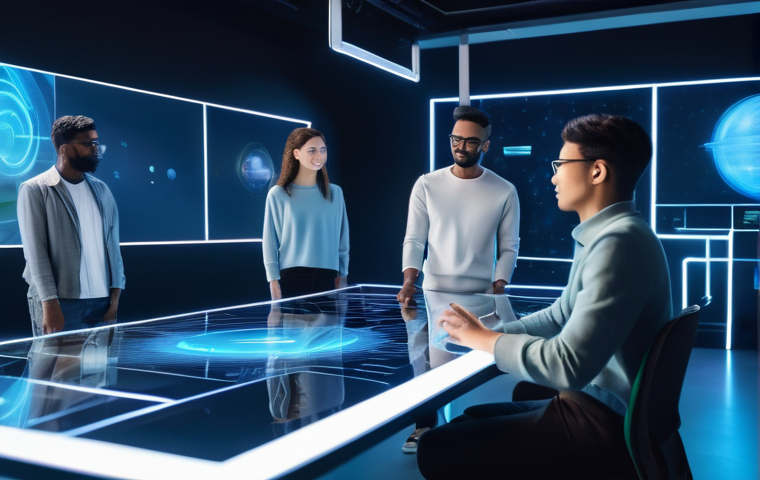 멀티미디어 분야 창업 아이디어 - **"A bustling, brightly lit, futuristic creative studio where a diverse group of people, dressed in ...