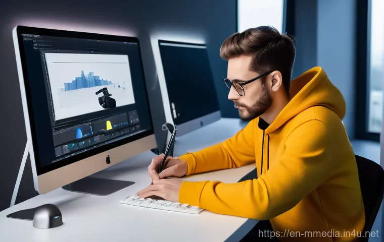 멀티미디어 콘텐츠 제작 전문가 이직 사례 - **"A dynamic scene featuring a female digital content creator, mid-30s, dressed in a chic, professio...