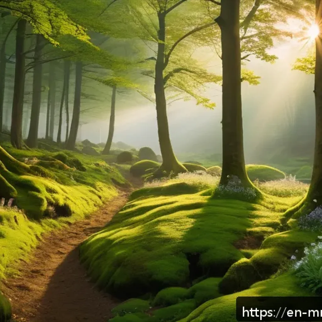 멀티미디어 제작과 사운드 디자인 - A serene forest scene at dawn, with soft golden sunlight filtering through dense, towering trees. Th...