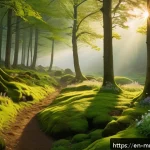 멀티미디어 제작과 사운드 디자인 - A serene forest scene at dawn, with soft golden sunlight filtering through dense, towering trees. Th...