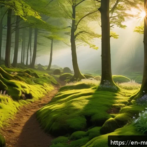 멀티미디어 제작과 사운드 디자인 - A serene forest scene at dawn, with soft golden sunlight filtering through dense, towering trees. Th...
