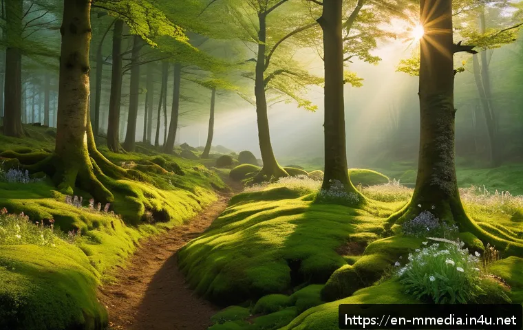 멀티미디어 제작과 사운드 디자인 - A serene forest scene at dawn, with soft golden sunlight filtering through dense, towering trees. Th...