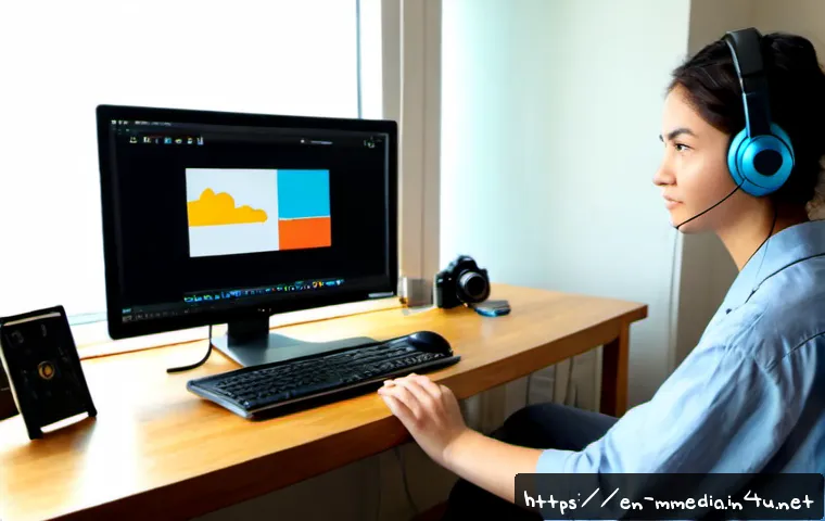 멀티미디어 콘텐츠 제작 실기시험 준비 팁 - Photorealistic multimedia production exam preparation scene, focused adult student at a clean home w...