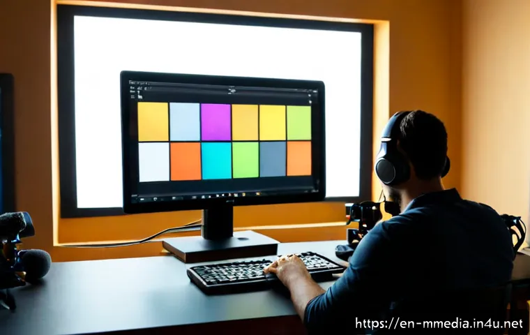 멀티미디어 콘텐츠 제작 도구 추천 - Photorealistic home creative studio, confident adult content creator editing a short video on a larg...